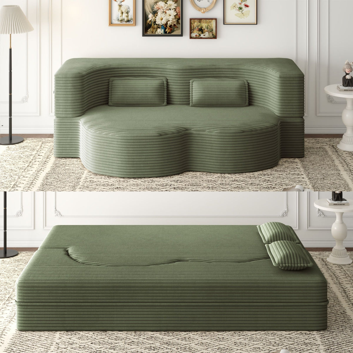 Convertible Plush Corduroy Foam-Filled Sleeper Sofa Bed With 2 Pillows