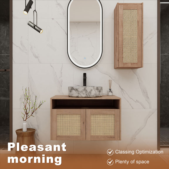 Bathroom vanity with two oval sinks, wood mesh-front cabinet doors, and wall side cabinet