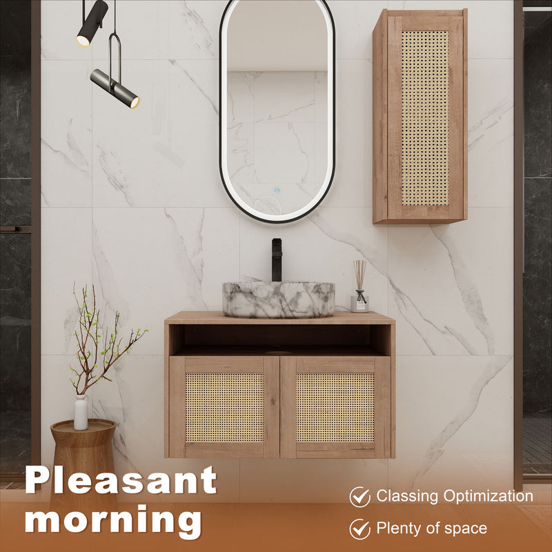 Bathroom vanity with two oval sinks, wood mesh-front cabinet doors, and wall side cabinet