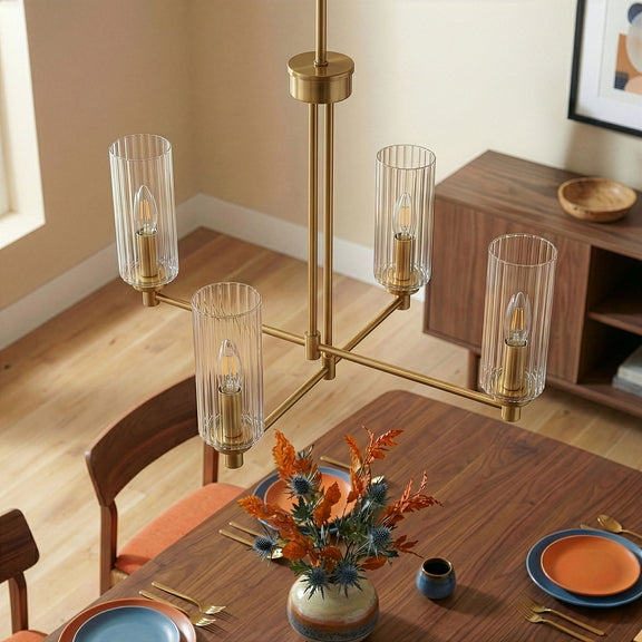 Antique brass 4-light chandelier with four clear ribbed glass cylinder shades
