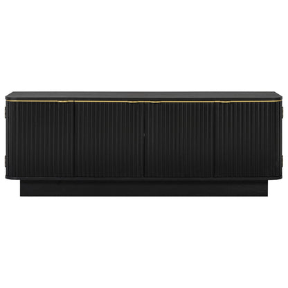Black fluted TV stand console with four cabinet doors and a gold-trim top edge