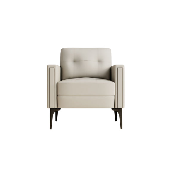 Beige modern armchair with padded armrests and tufted back