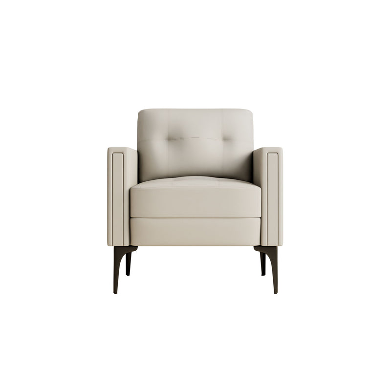 Beige modern armchair with padded armrests and tufted back
