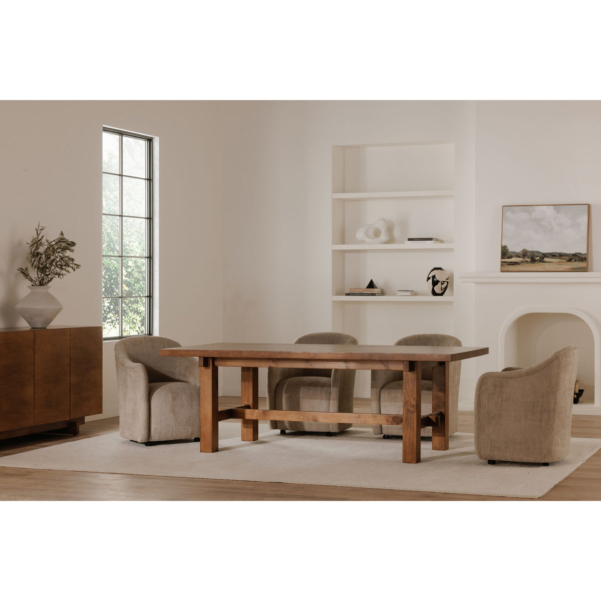 Beige rolling dining chair, single armchair with cushioned seat and curved back