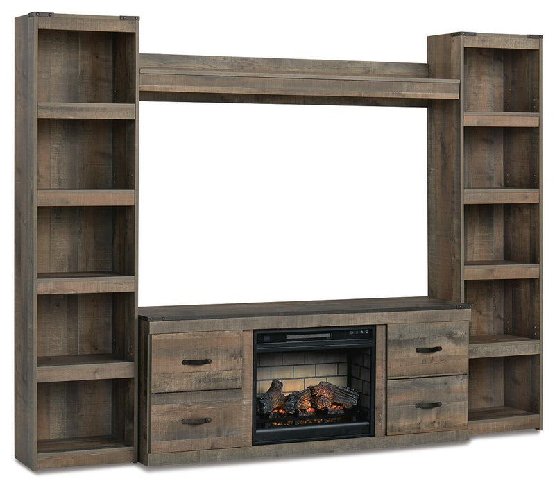 Dark brown entertainment center with 60" TV stand and lit faux fireplace insert