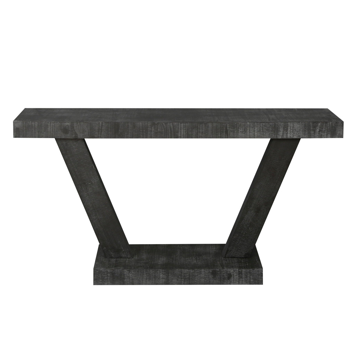 Dark gray distressed wood entryway bench with open lower shelf and wide tabletop