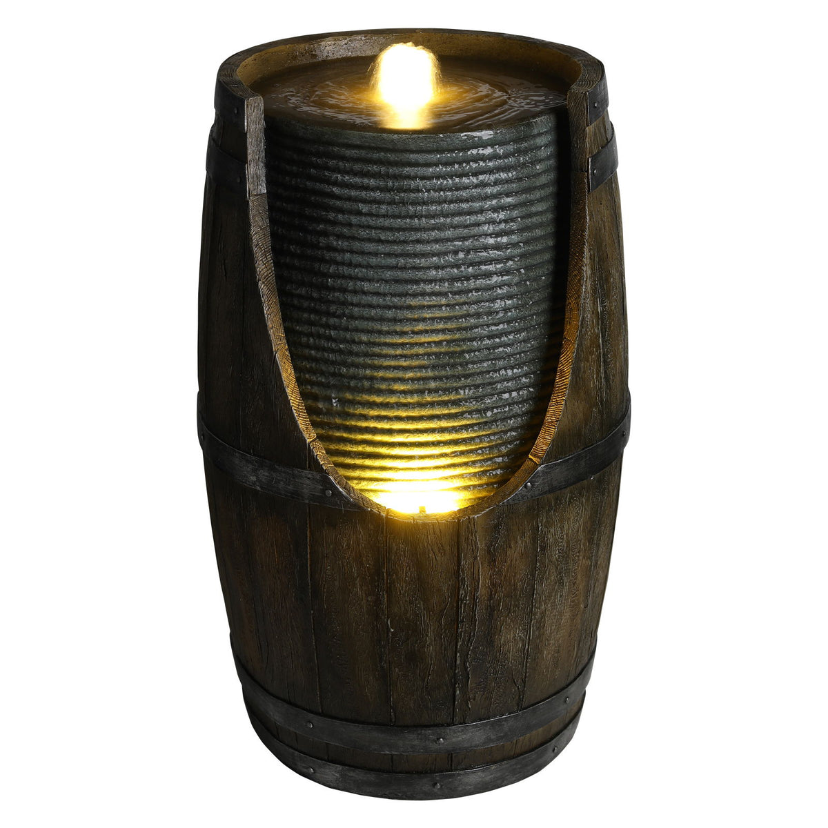 Dark brown barrel water fountain with glowing LED light in circular top