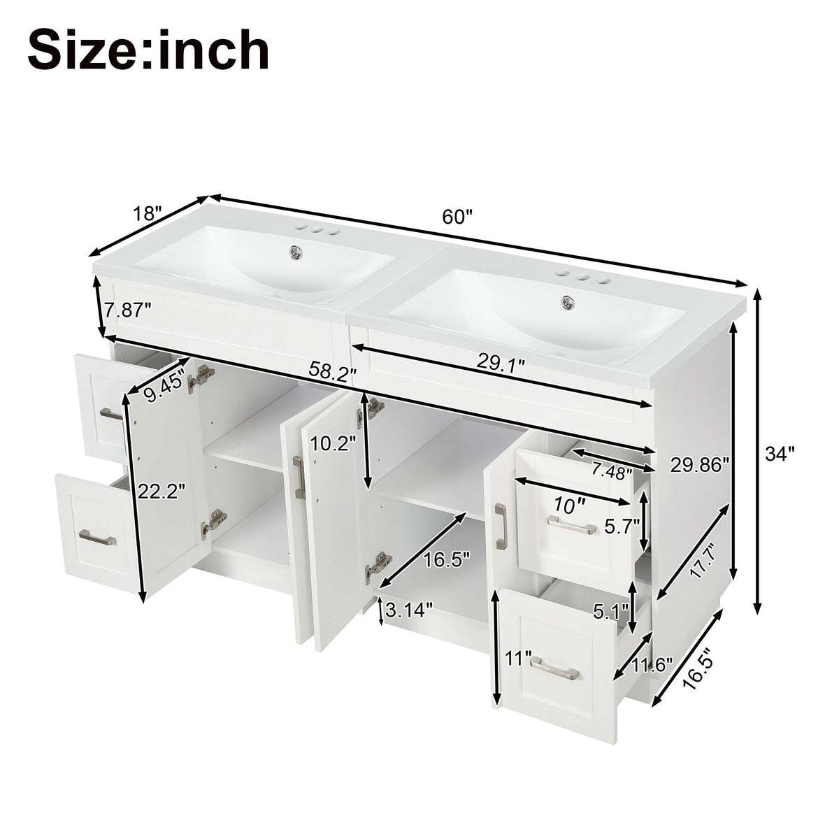 White bathroom vanity cabinet interior layout diagram with open doors and drawers