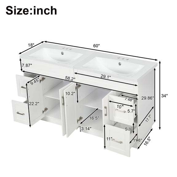 White bathroom vanity cabinet interior layout diagram with open doors and drawers