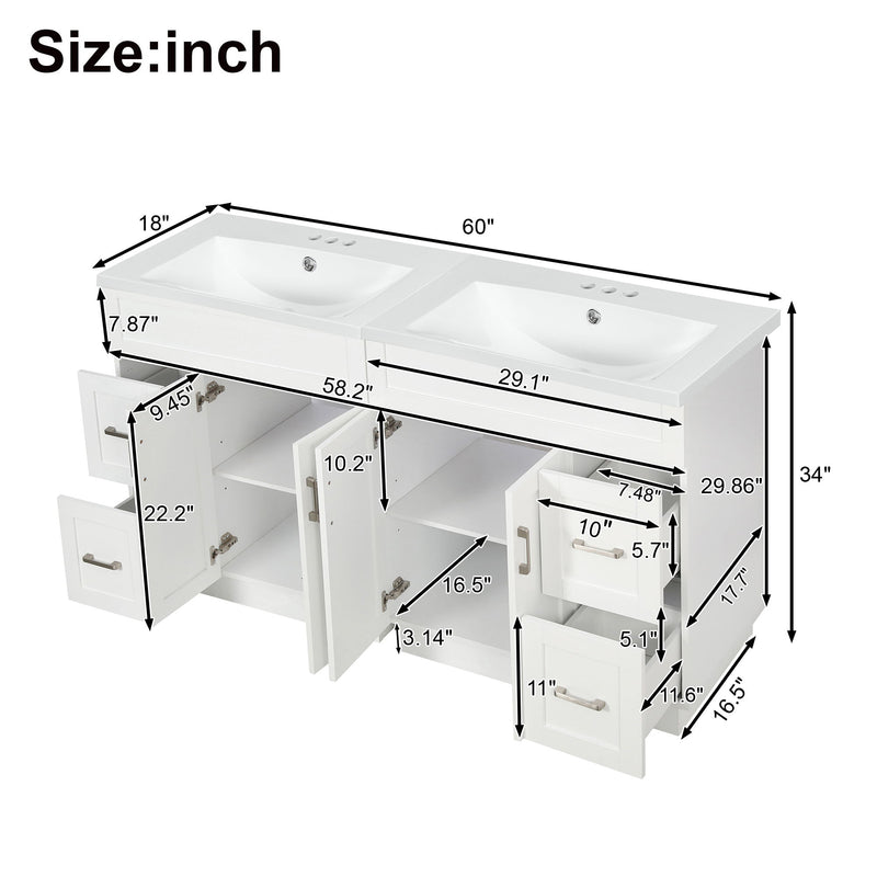 White bathroom vanity cabinet interior layout diagram with open doors and drawers