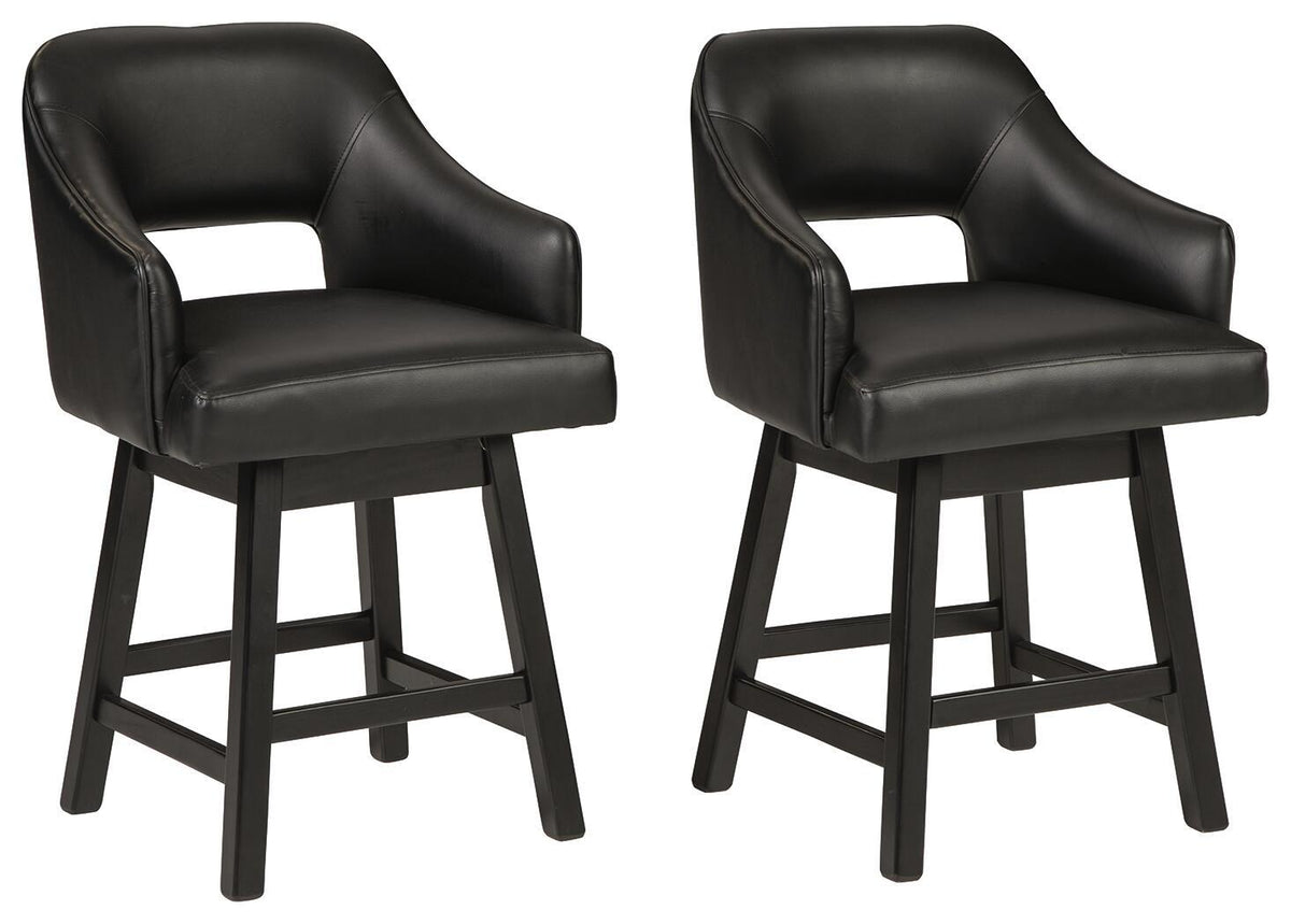 Pair of black upholstered swivel barstools with curved back and armrests