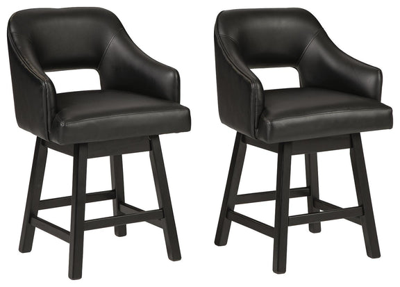 Pair of black upholstered swivel barstools with curved back and armrests