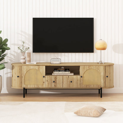 TV Stand with Hidden Storage Rattan Sliding Doors Open Shelving