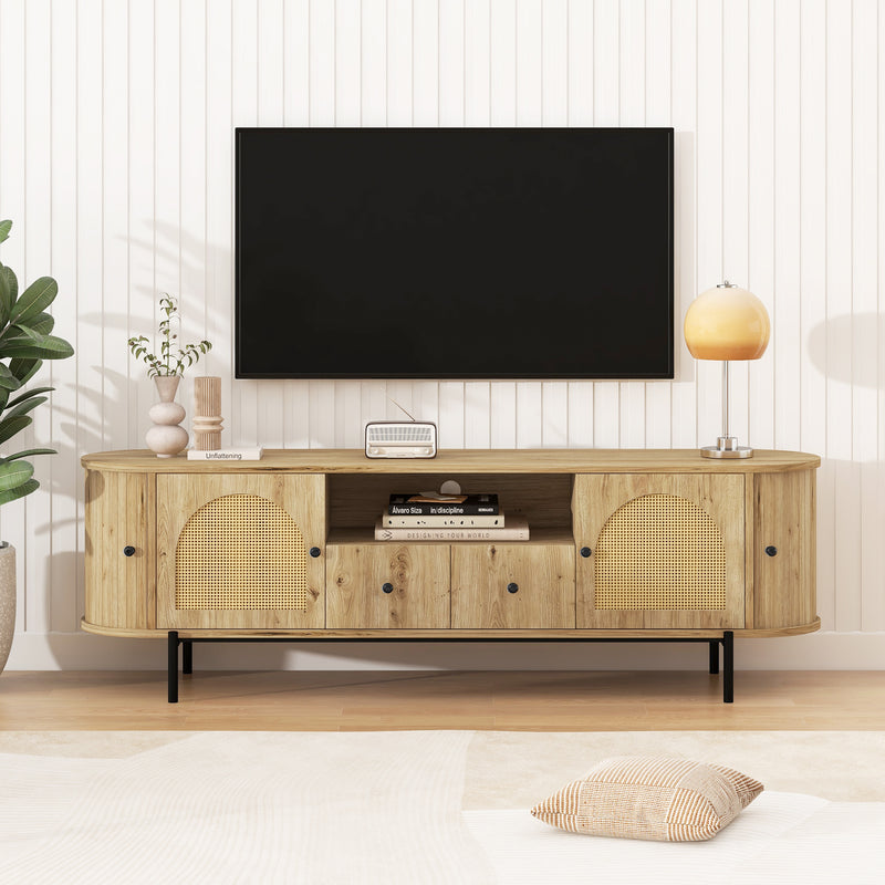 TV Stand with Hidden Storage Rattan Sliding Doors Open Shelving