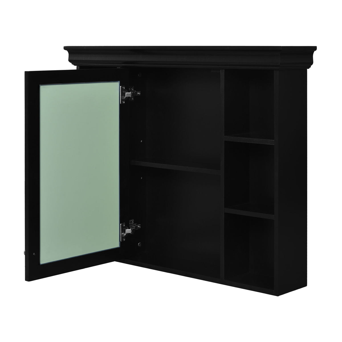 Black wall-mounted bathroom storage cabinet with hinged mirror door and open shelving