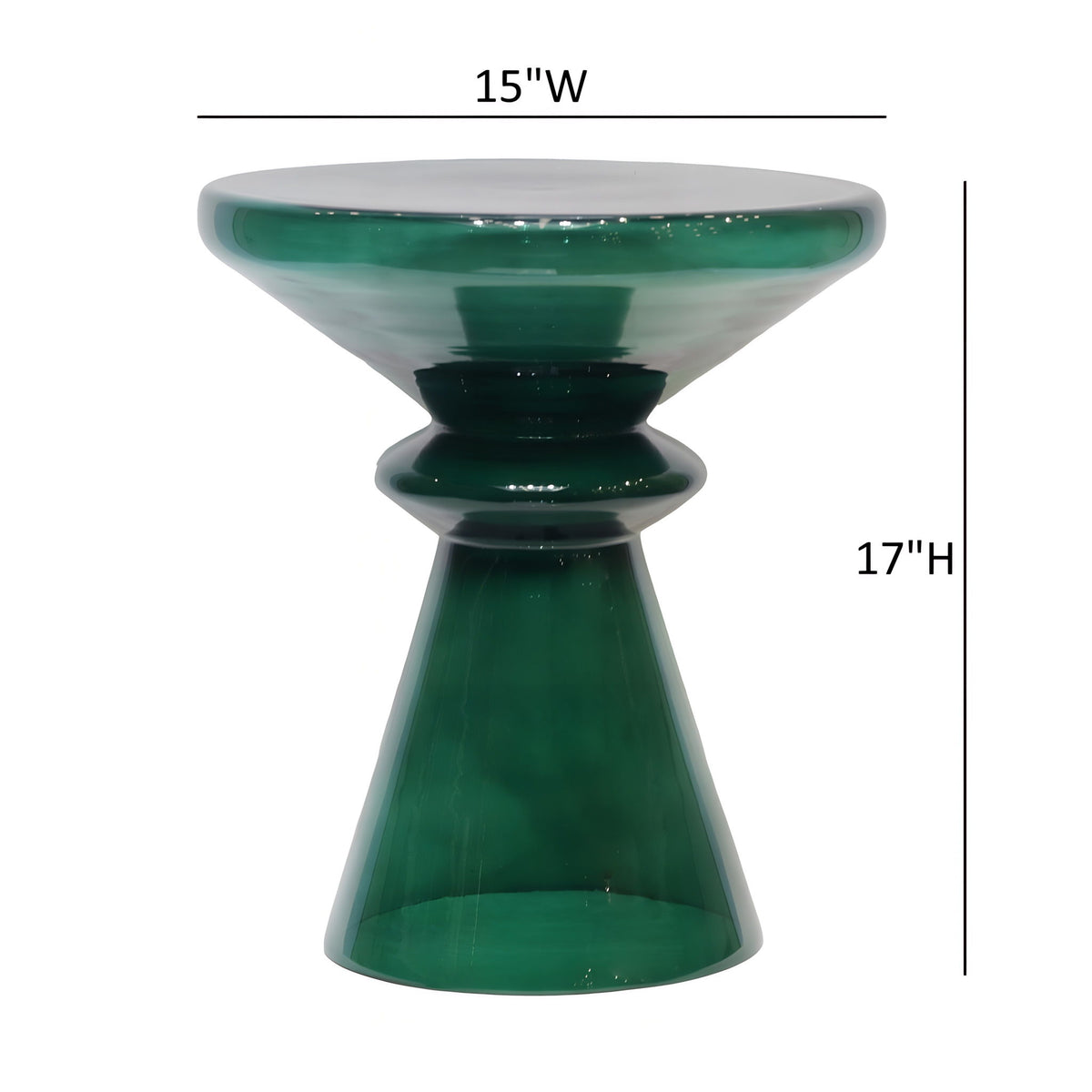 Green hourglass blown glass accent table, 15 in wide and 17 in high.