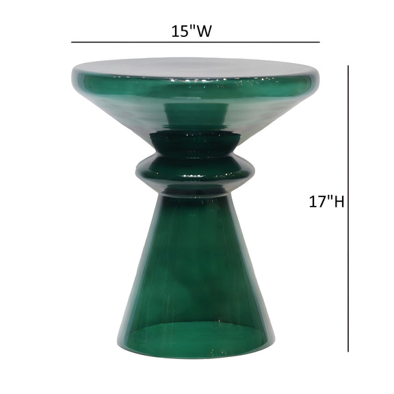 Green hourglass blown glass accent table, 15 in wide and 17 in high.
