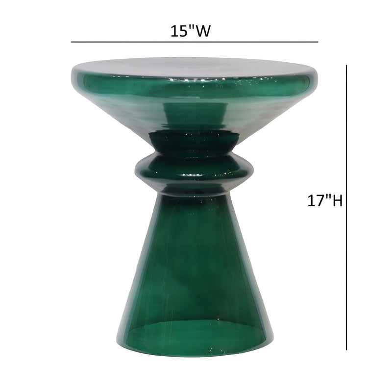 Green hourglass blown glass accent table, 15 in wide and 17 in high.