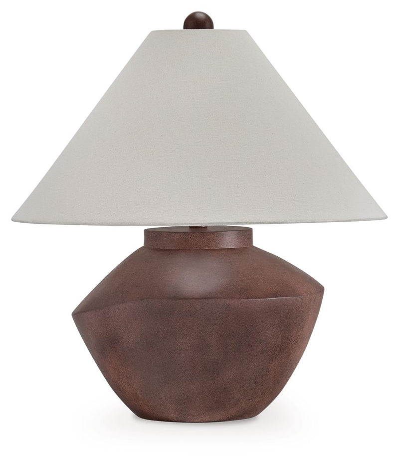 Antique brown poly table lamp with off-white fabric shade and rounded base