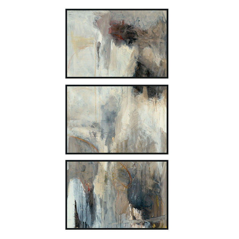 Set of three framed views of abstract painting with dark gray and tan tones