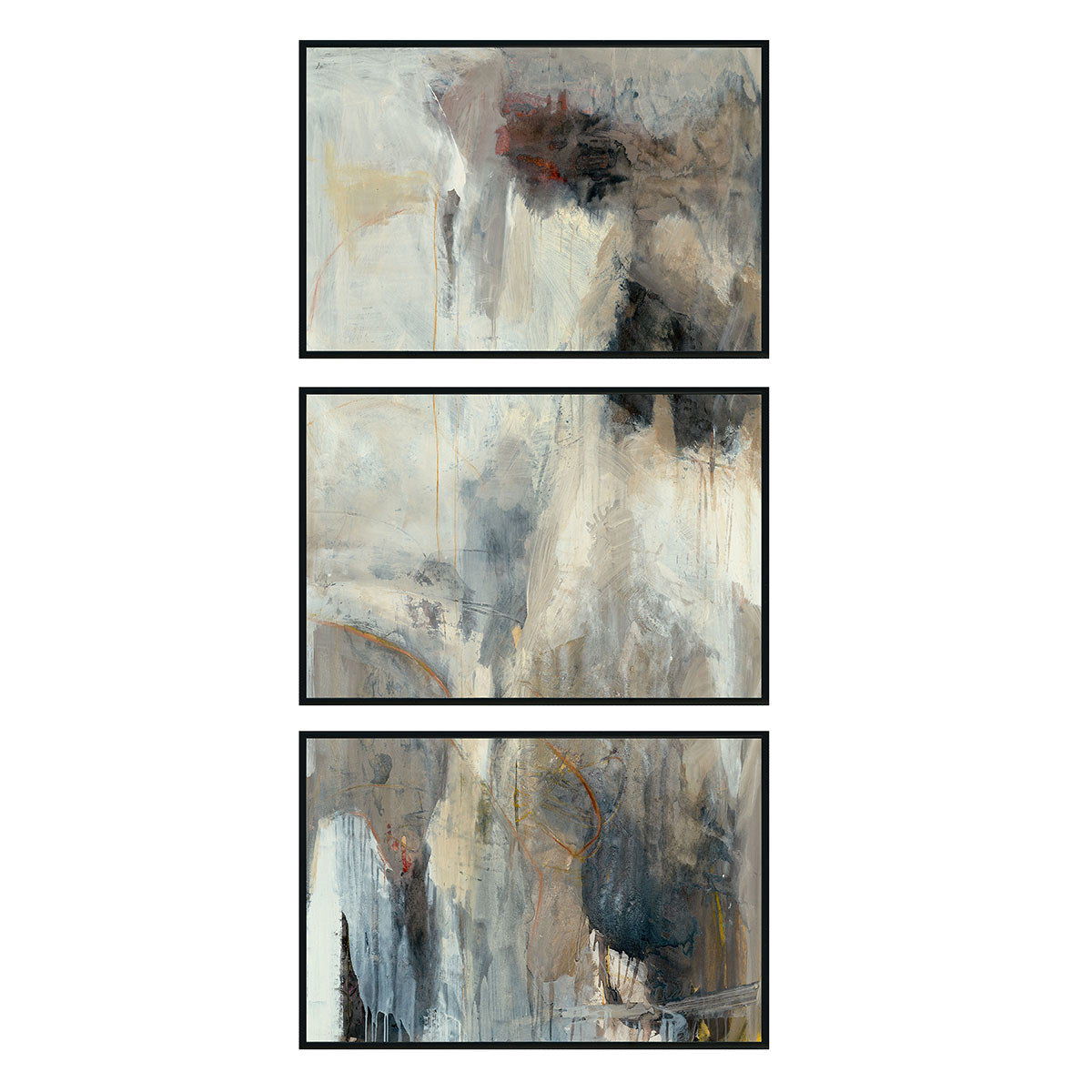 Set of 3 abstract framed wall paintings with black frames and blue-gray brushstrokes.