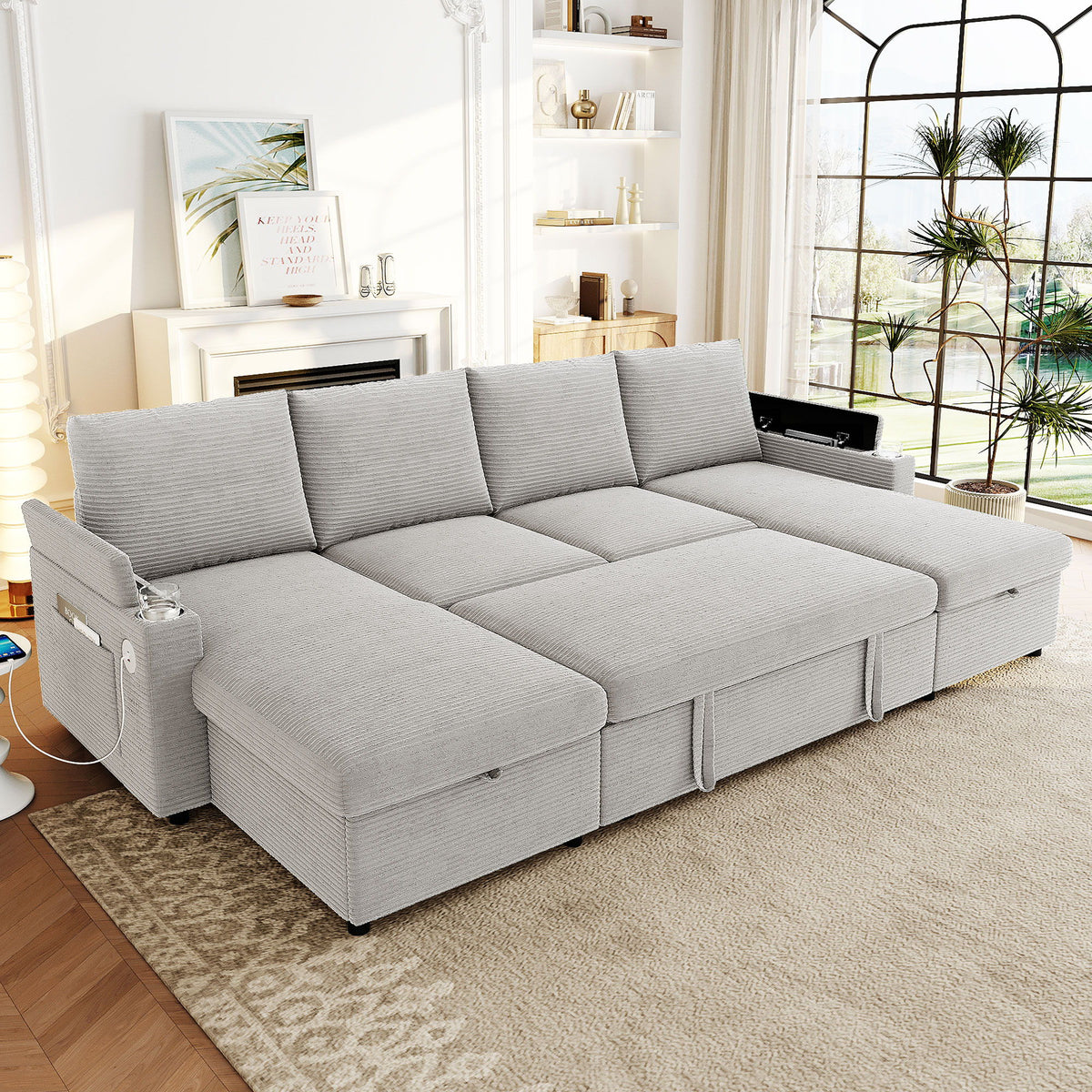 U Shaped Sectional Sofa Bed With Storage Chaise Lounges, USB Ports, And Cup Holders