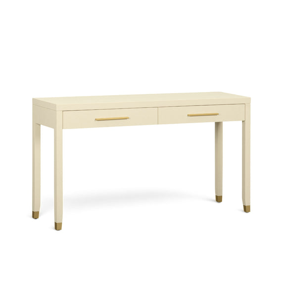 Cream console table with two drawers, gold bar handles, and tapered legs