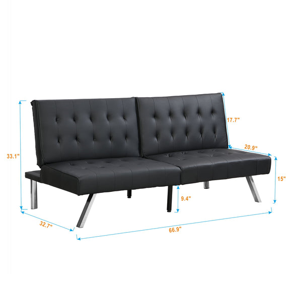 Black futon sofa bed with tufted back cushions and split seat, metal legs