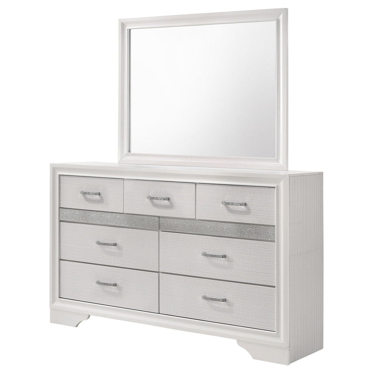 White dresser with framed mirror and 7 drawers, silver bar handles