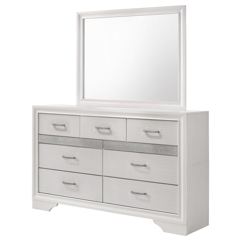 White dresser with framed mirror and 7 drawers, silver bar handles