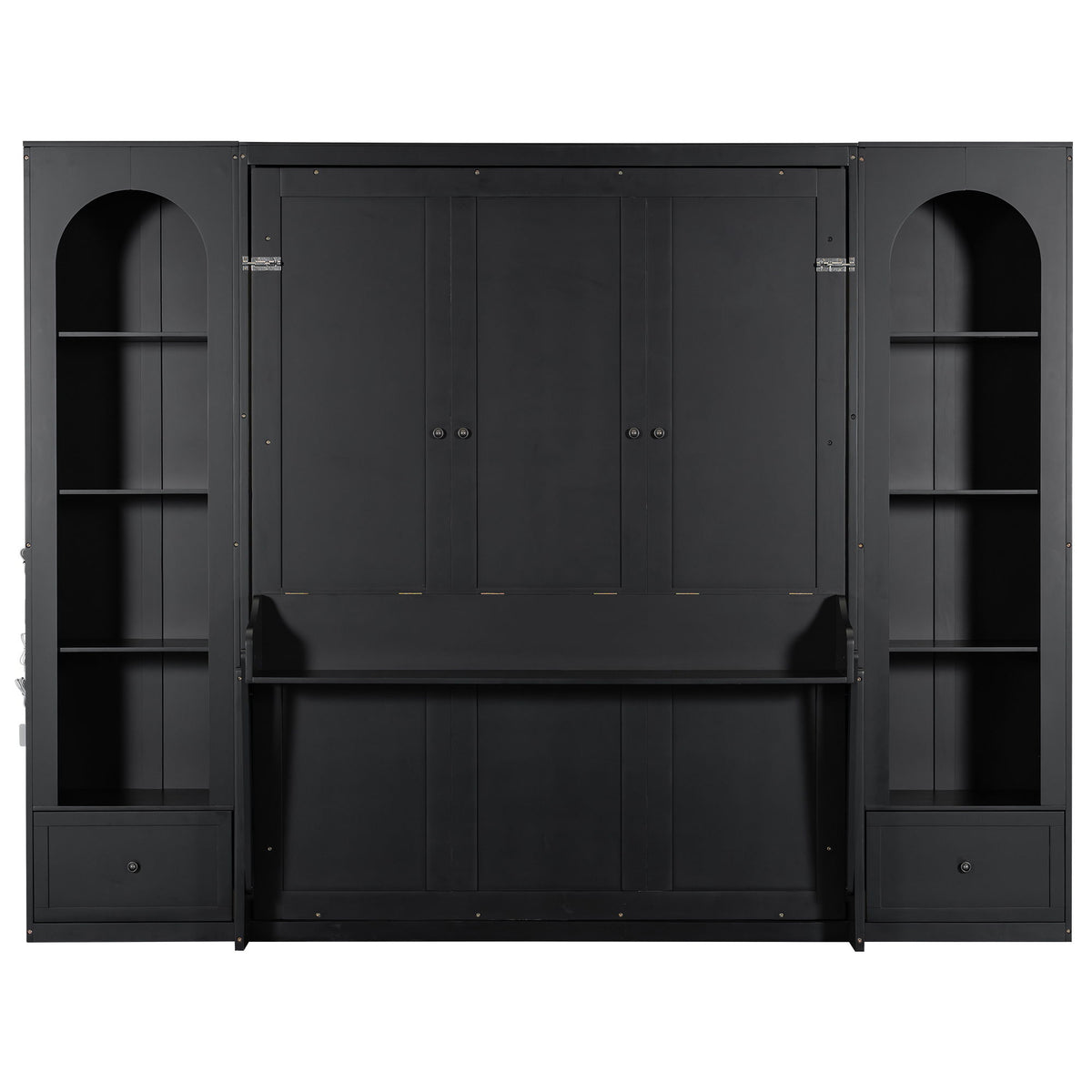 French Style Murphy Platform Bed With Shelf, Side Cabinets, Drawers And LED