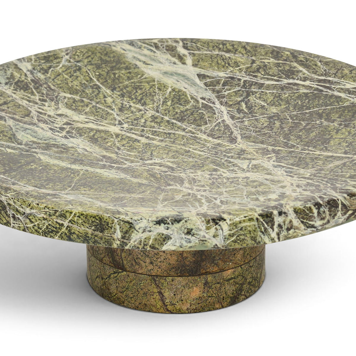 Round genuine marble tray with green veined top and pedestal base, natural stone pattern