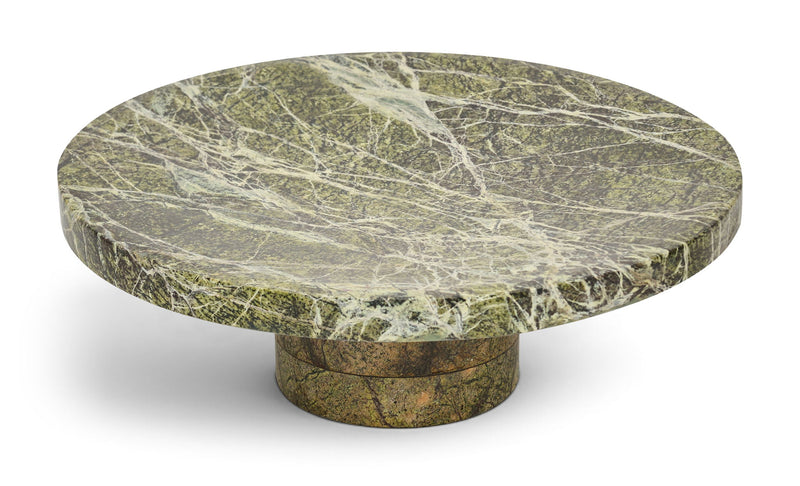 Round genuine marble tray with green veined top and pedestal base, natural stone pattern