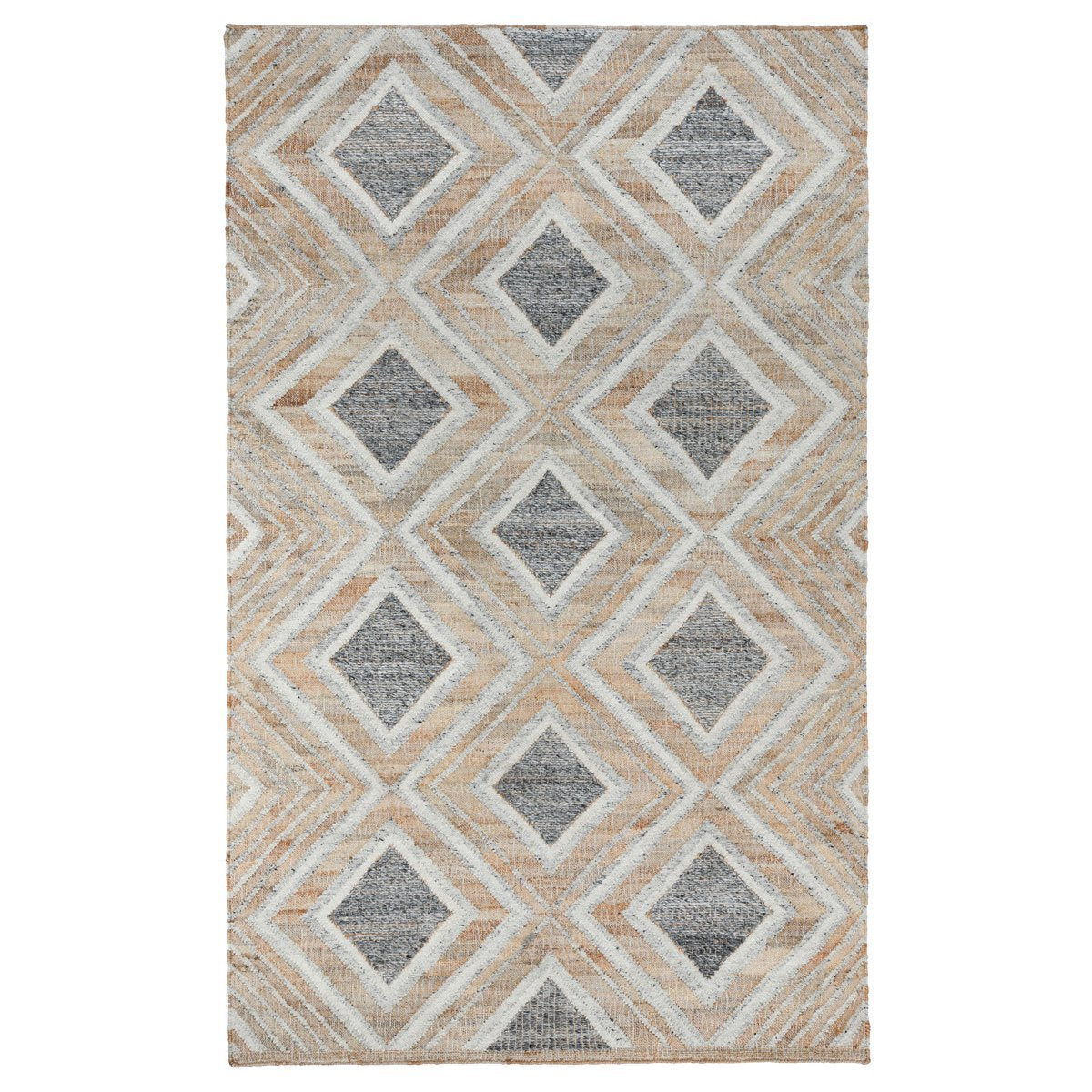 Blue multi rectangle rug with repeating diamond lattice pattern in beige and gray