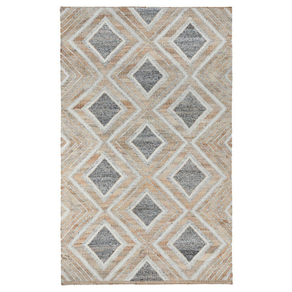 Blue multi rectangle rug with repeating diamond lattice pattern in beige and gray