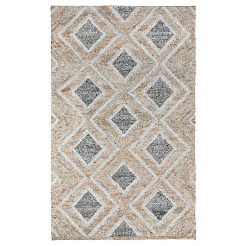 Blue multi rectangle rug with repeating diamond lattice pattern in beige and gray