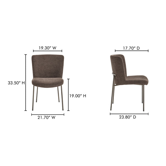 Dining chair dimension diagram showing front and side views, with width, depth, and height