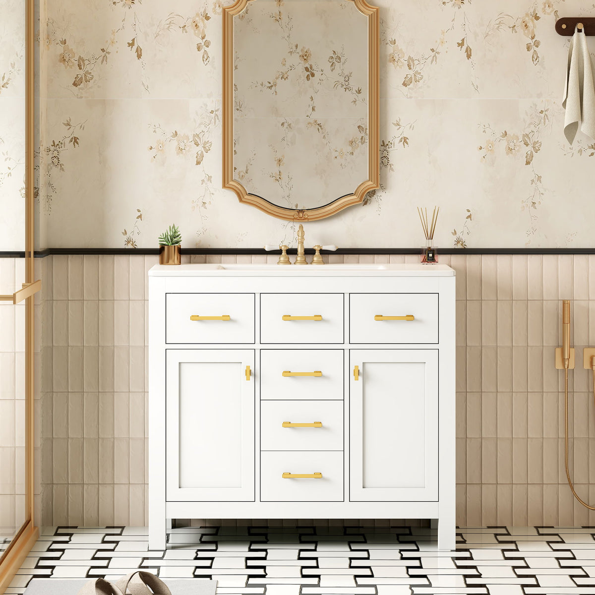 White bathroom vanity with sink, four drawers, two doors, and gold-tone pulls