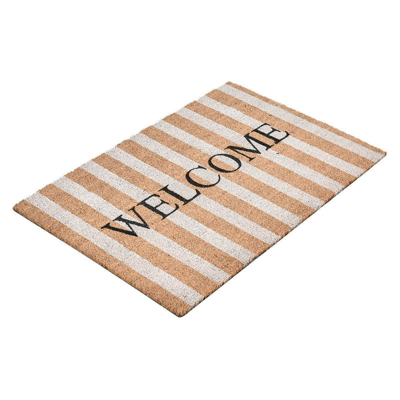 Rectangular striped doormat with black 'WELCOME' lettering on tan and white stripes