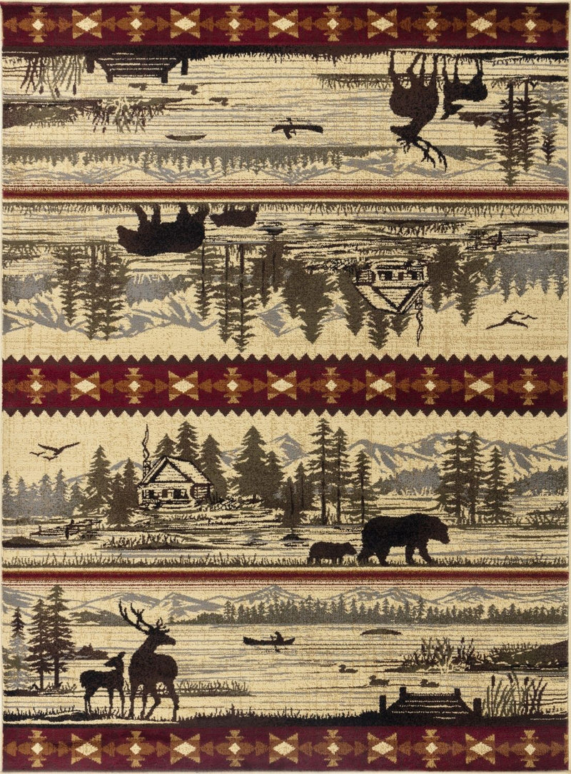 Beige lodge area rug with wildlife and cabin silhouettes, dark red border, fringed ends