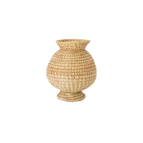 Woven natural fiber vase, bulbous shape with flared top and pedestal base