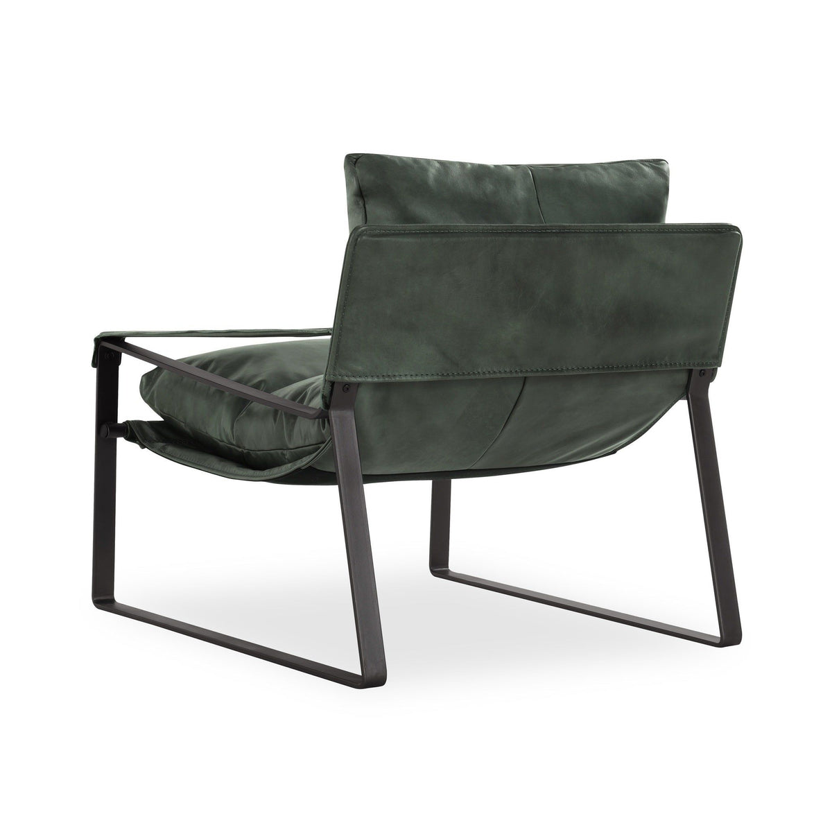 Dark green upholstered accent chair with arms and black metal legs, side view