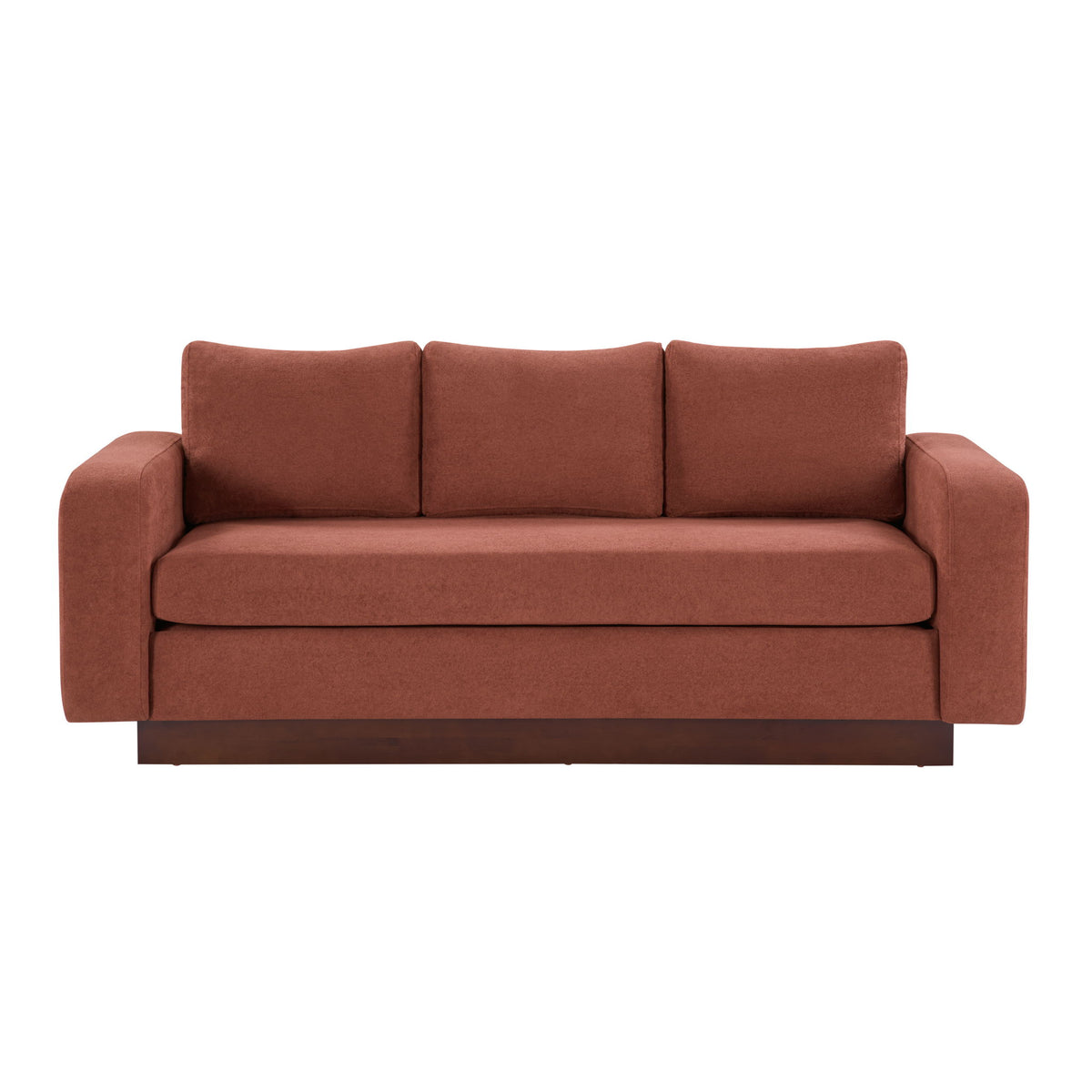 Rust red 3-seater sofa with three back cushions and cushioned seat