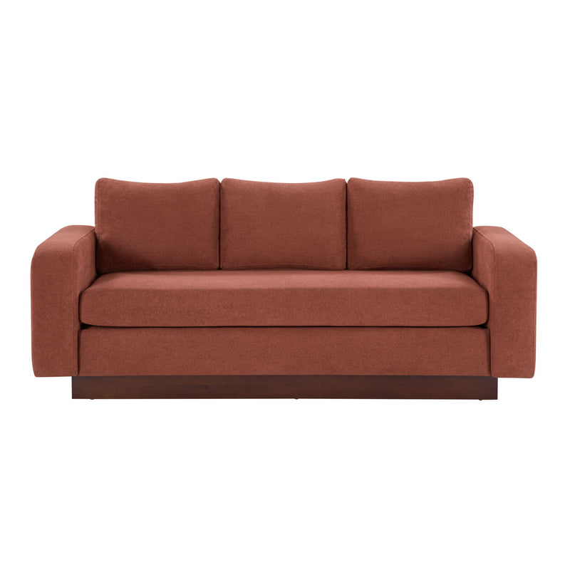 Rust red 3-seater sofa with three back cushions and cushioned seat
