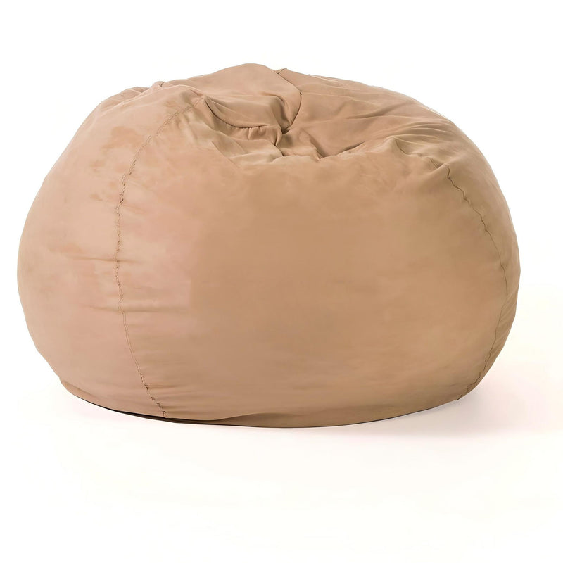 Beige bean bag chair with tufted top and rounded, plush cover