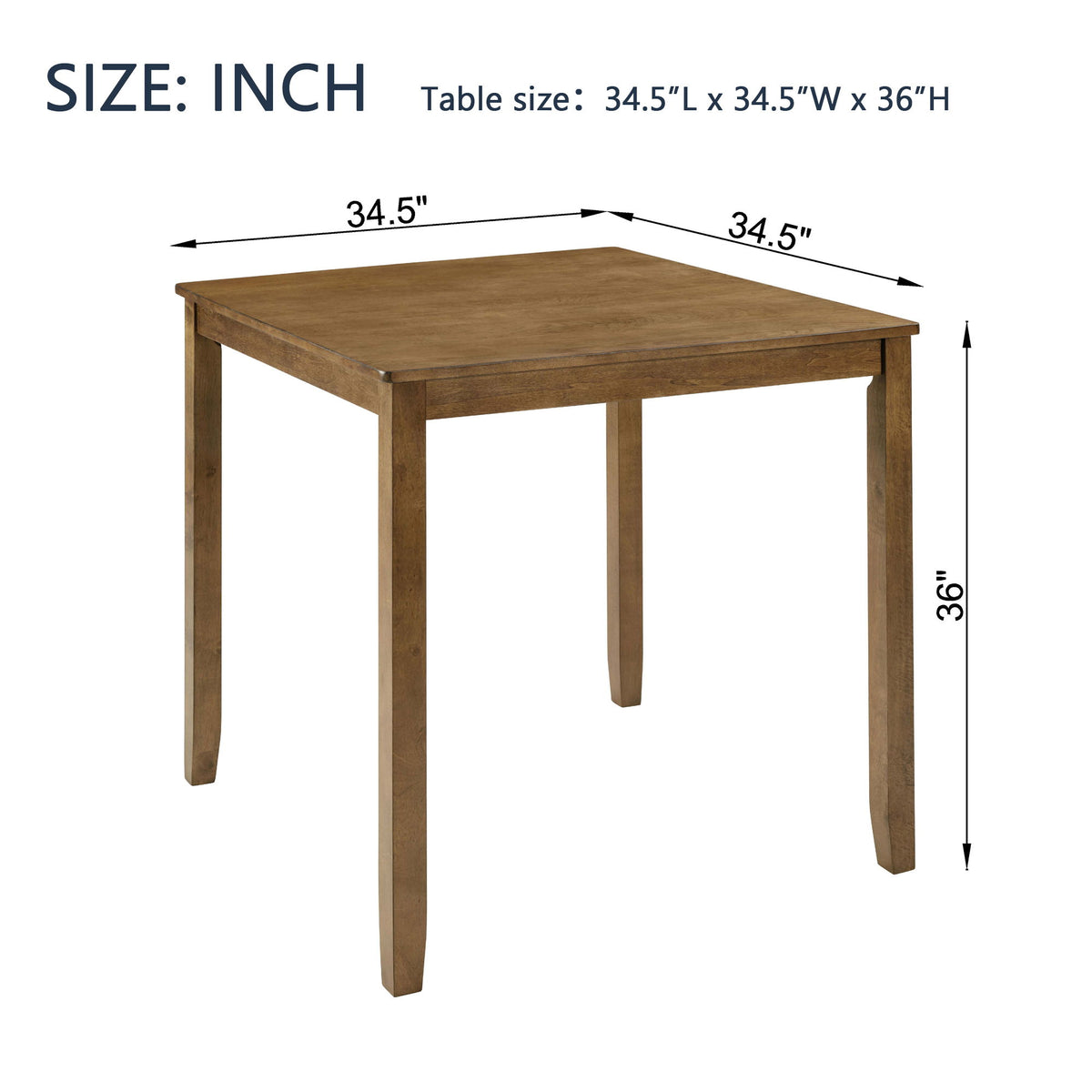 Square oak counter-height table, 34.5 in wide, 36 in high