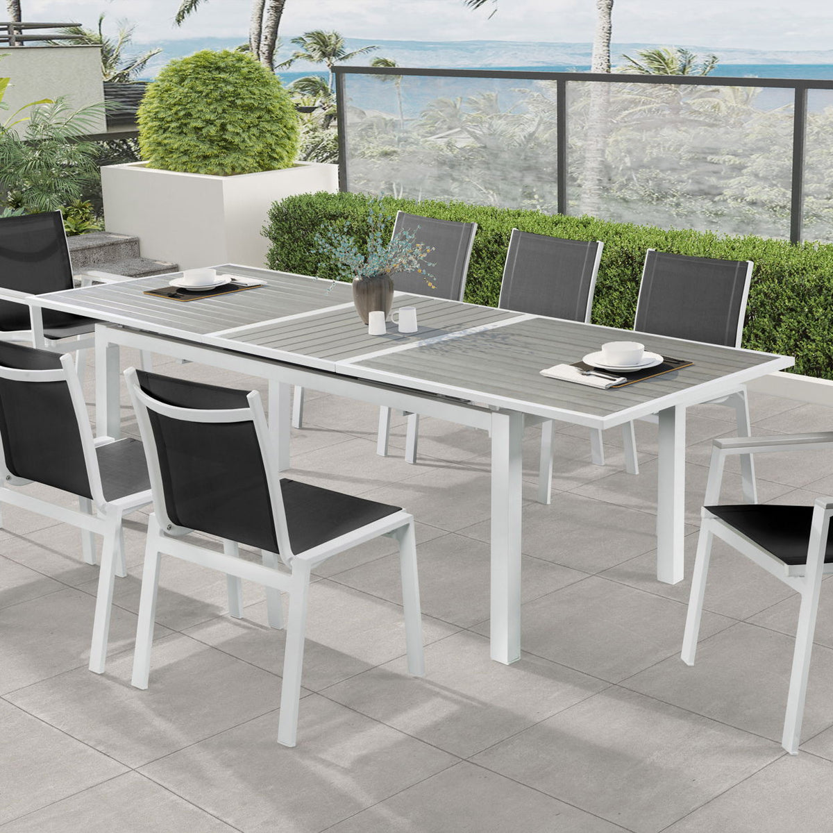 Nizuc - Outdoor Patio Dining Arm Chair With White Frame And Gray Arms (Set of 2)
