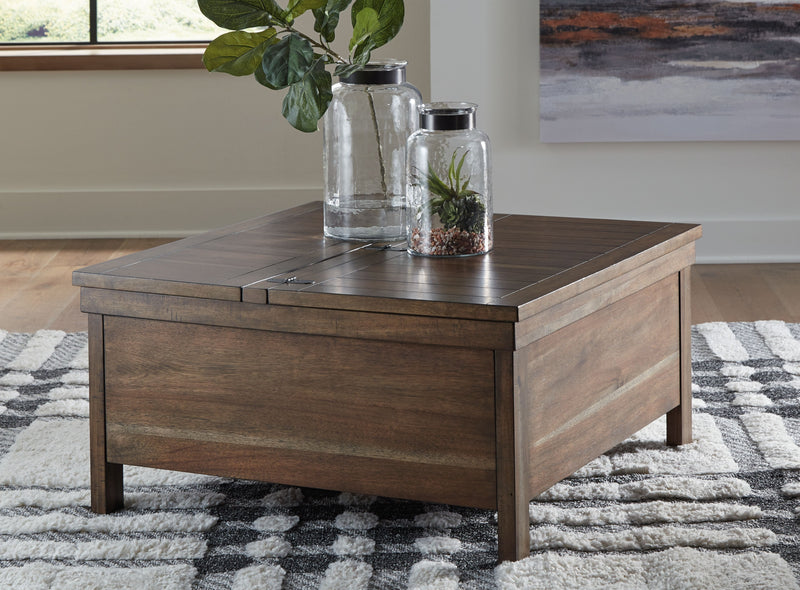 Grayish-brown lift-top cocktail table with smooth hinged lid and storage base