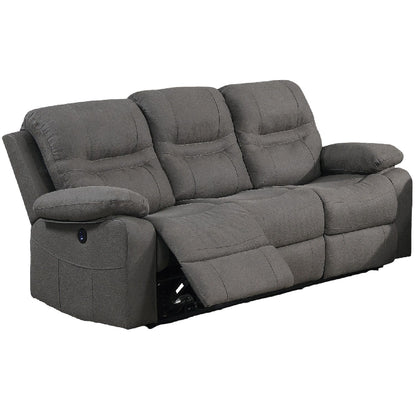 Dark gray power reclining sofa with padded armrests and split back cushions