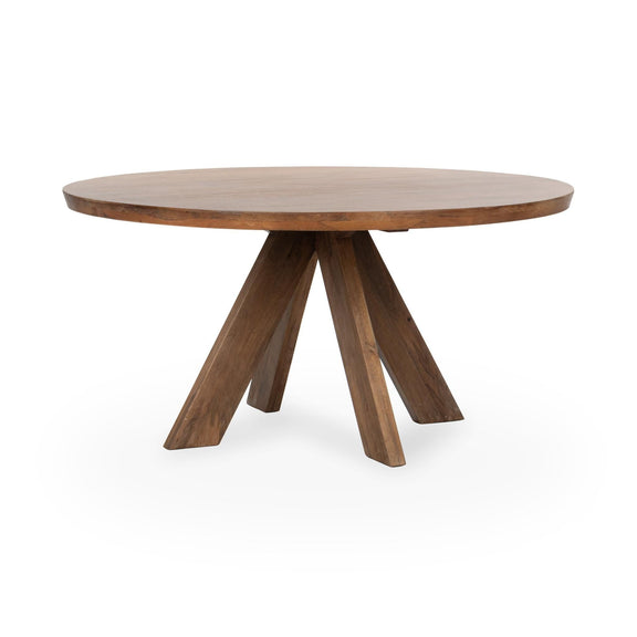 Round dining table with hickory brown top and three splayed legs